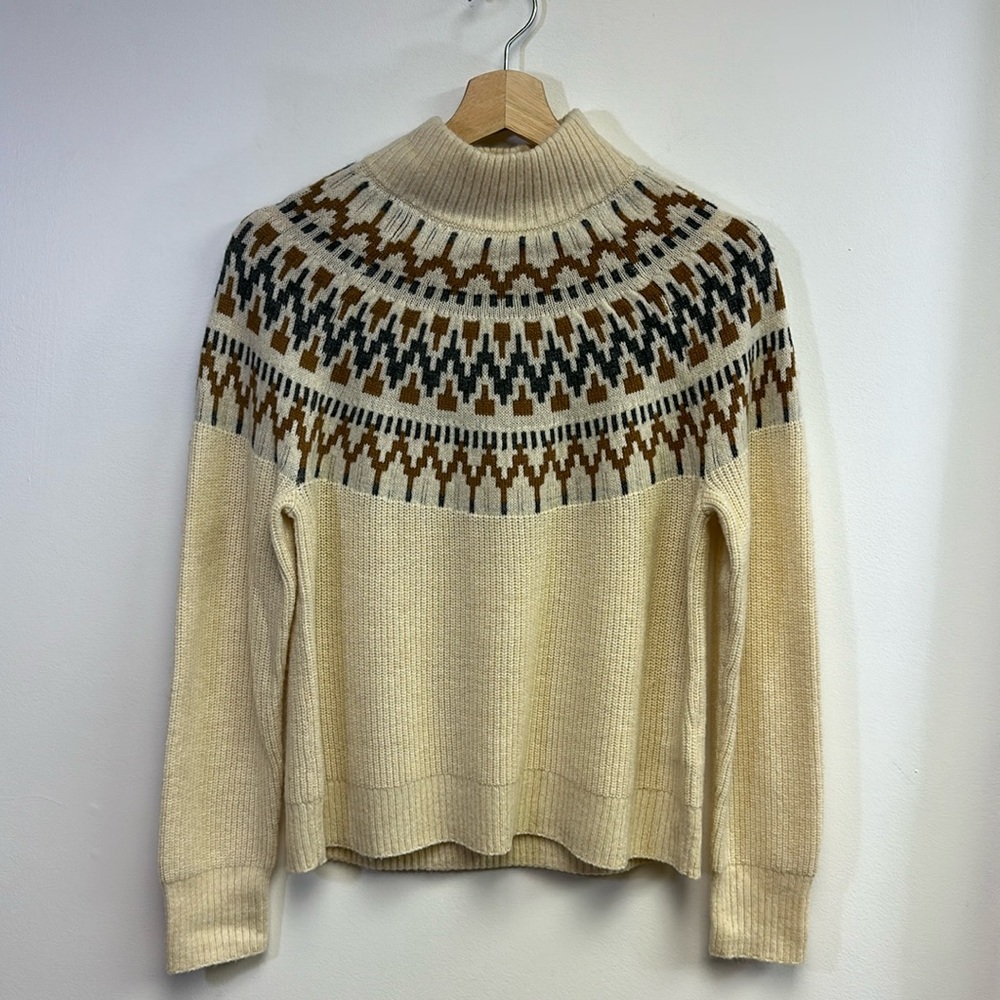 J.CREW, Fair Isle Mockneck Sweater, Muslin Caramel Charcoal, Size XS